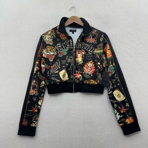 Ed Hardy Women’s Medium Tattoo Print Cropped Jacket Zip Embroidered Logo NWT